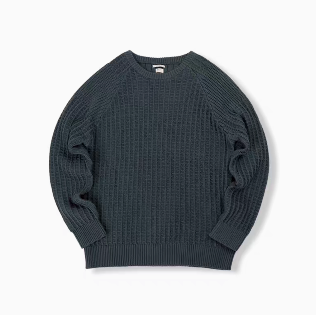 Waffle Knit Crewneck Sweater dark green front flat lay showing waffle texture, ribbed hem, and classic crewneck design
