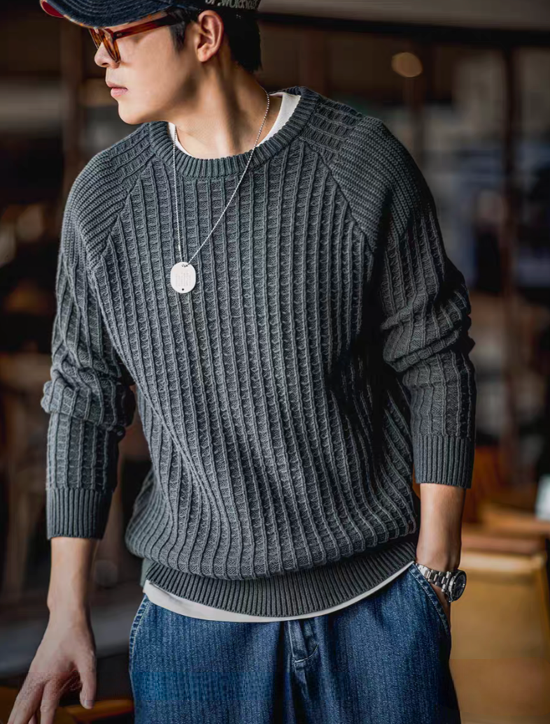 Waffle Knit Crewneck Sweater dark green worn chest view highlighting textured knit, relaxed fit, and layered casual styling