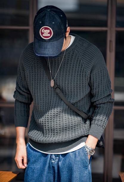 Waffle Knit Crewneck Sweater dark green styled with crossbody bag showing relaxed fit and vintage-inspired casual look