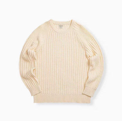 Waffle Knit Crewneck Sweater off-white front flat lay displaying waffle knit texture, ribbed cuffs, and crewneck collar