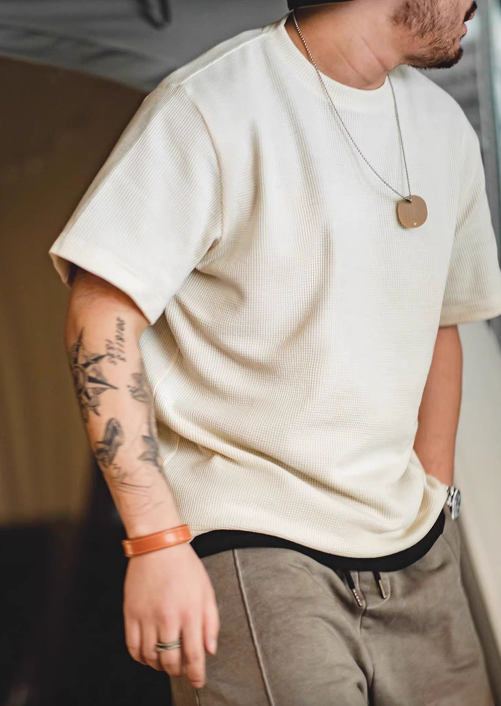 Waffle Knit Heavyweight T-Shirt beige color loose fit worn by model front side streetwear style