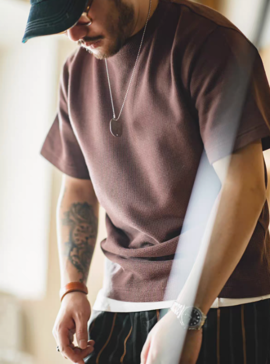 Waffle Knit Heavyweight T-Shirt coffee color loose fit worn by model casual streetwear outfit