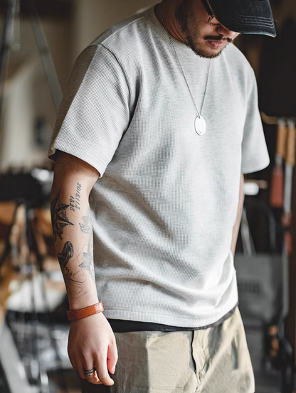 Waffle Knit Heavyweight T-Shirt gray color loose fit worn by model showing waffle texture detail