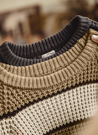 Close-up of Waffle Ridge Stripe Sweater Khaki collar showing ribbed crewneck construction thick waffle knit fabric and layered styling detail
