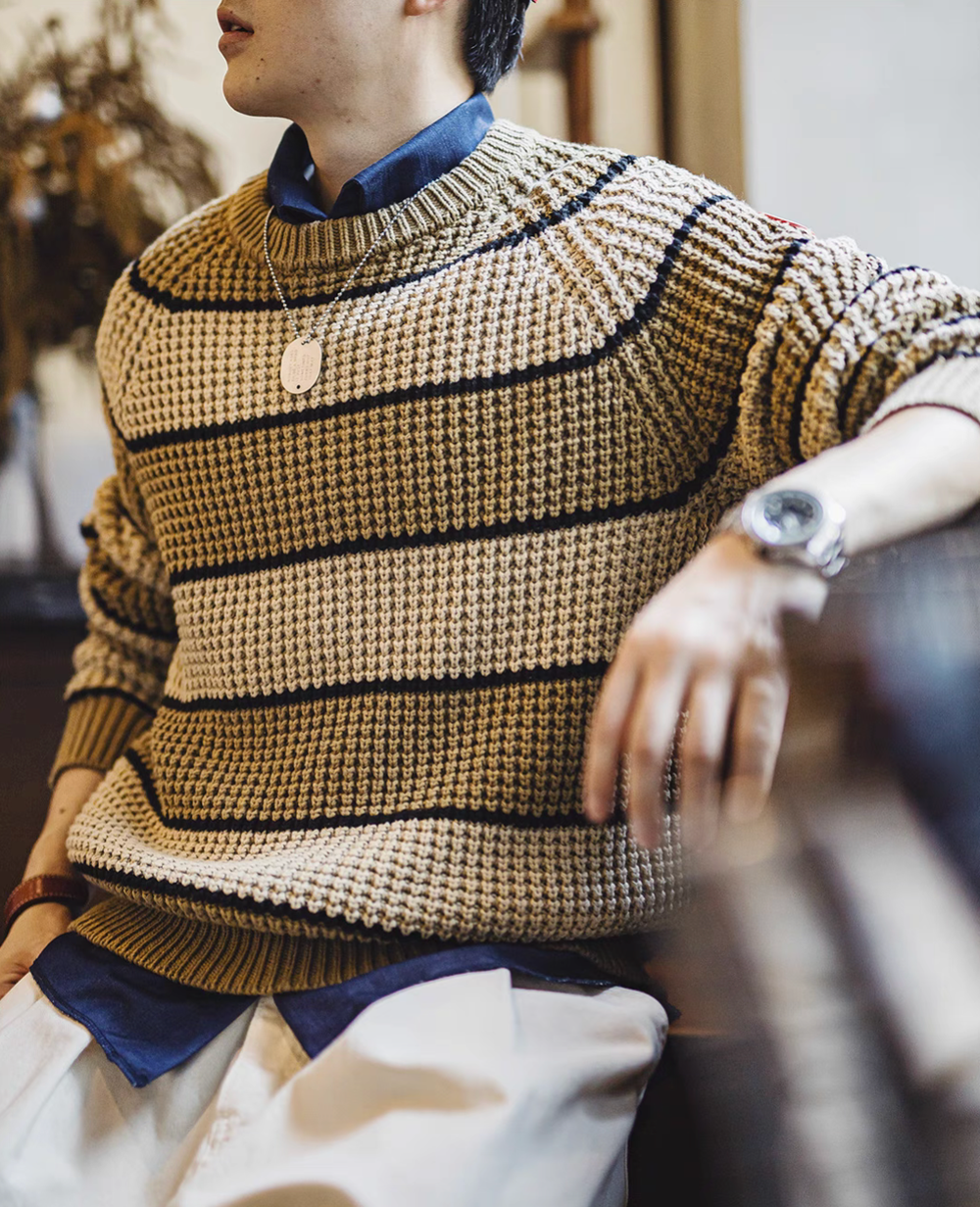 Waffle Ridge Stripe Sweater Khaki worn by model in relaxed fit highlighting bold stripe design breathable waffle knit and comfortable everyday styling