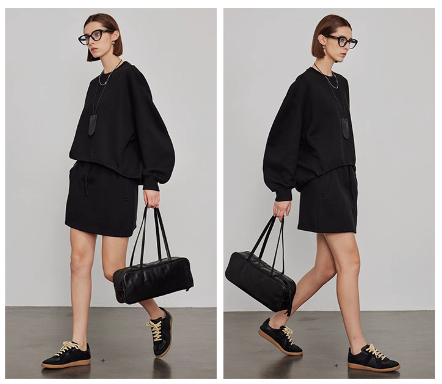 Street style walking look in oversized black sweatshirt with mini skirt for women