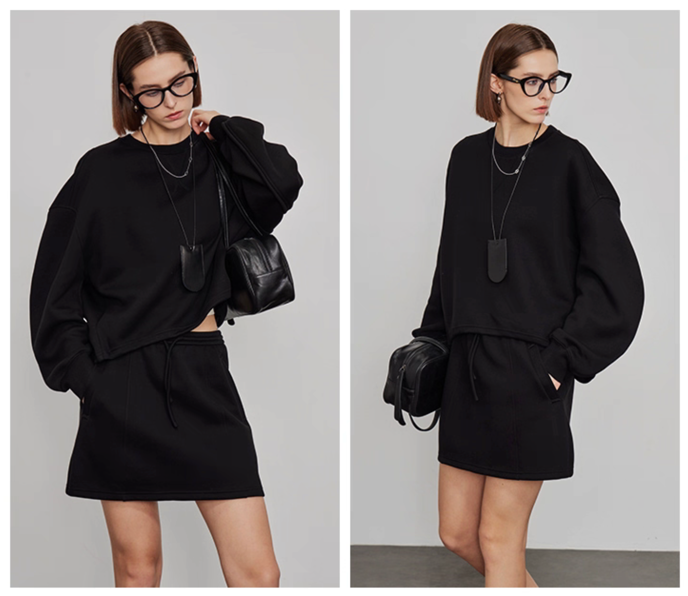Street style walking look in oversized black sweatshirt with mini skirt for women