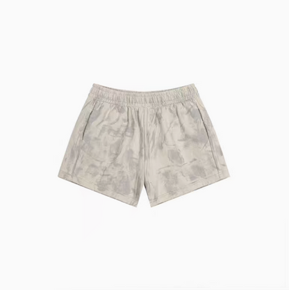 Beige washed lounge shorts flat lay with elastic waistband