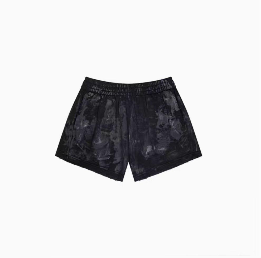 Black washed lounge shorts flat lay with elastic waistband
