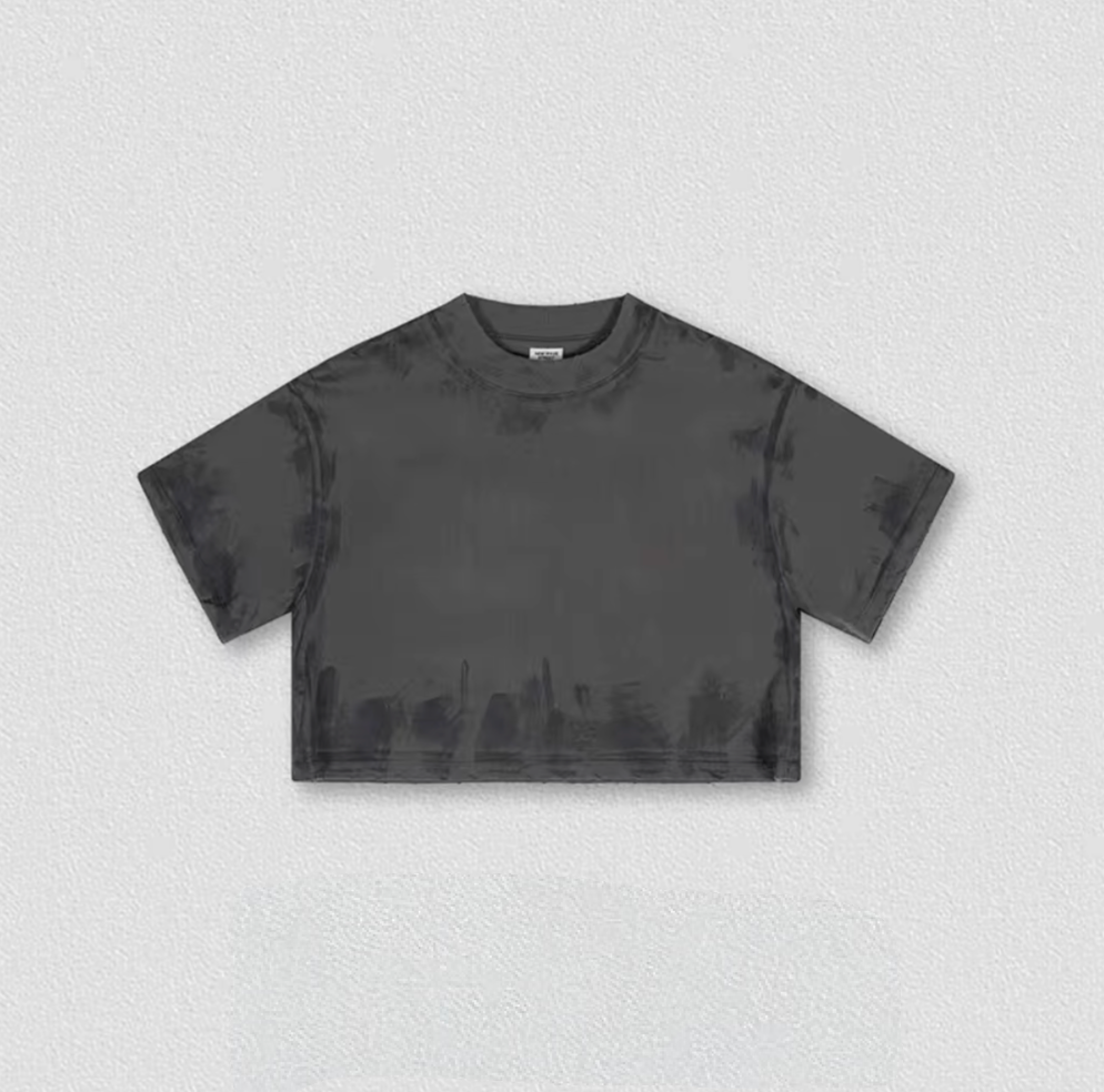 Charcoal gray washed cropped tee flat lay, relaxed fit short sleeve top