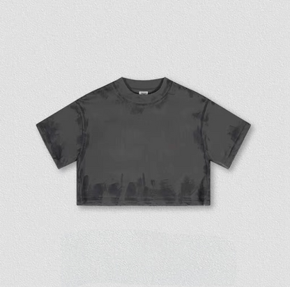 Charcoal gray washed cropped tee flat lay, relaxed fit short sleeve top