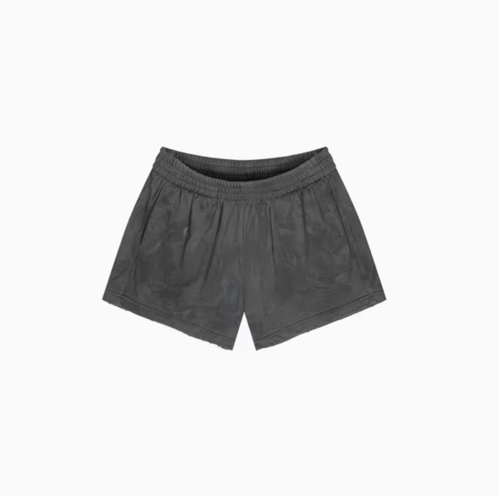 Charcoal gray washed low-rise lounge shorts flat lay with elastic waistband