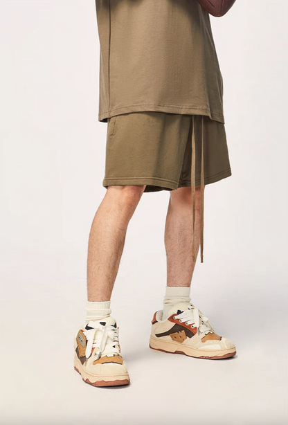 Washed Heavyweight Terry Shorts Brown front wear view highlighting elastic waistband and soft terry texture