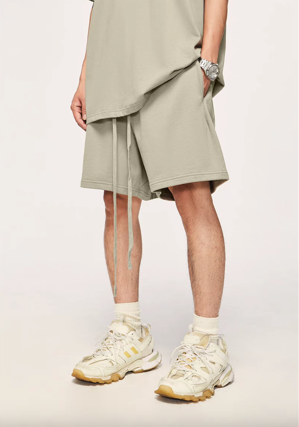 Washed Heavyweight Terry Shorts Sand front wear view showing relaxed fit long drawstring and elastic waistband
