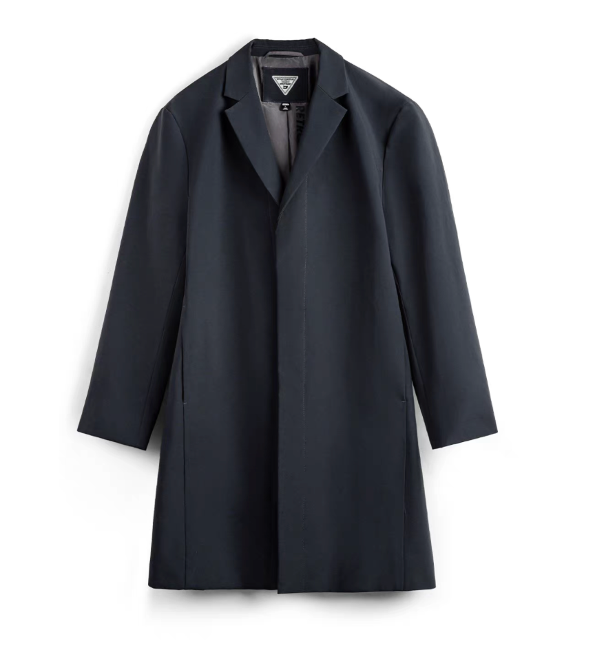 Men’s waterproof Mac coat front view in deep navy