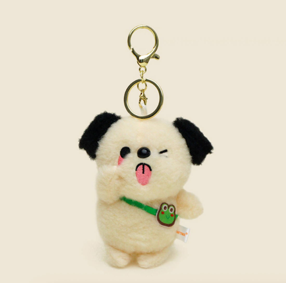 Wink Puppy Plush Keychain with Frog Sling Bag – Cute Stress Relief Bag Charm