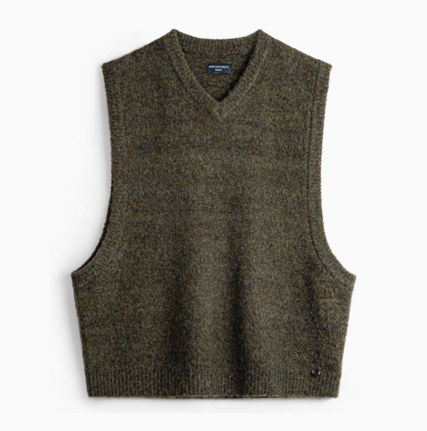 Woodland Retro V-Neck Vest in Moss Green front flat lay view showing textured knit fabric and sleeveless V-neck design