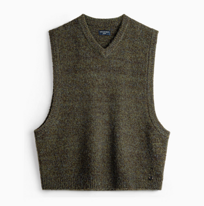 Woodland Retro V-Neck Vest in Moss Green front flat lay view showing textured knit fabric and sleeveless V-neck design