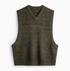 Woodland Retro V-Neck Vest in Moss Green front flat lay view showing textured knit fabric and sleeveless V-neck design