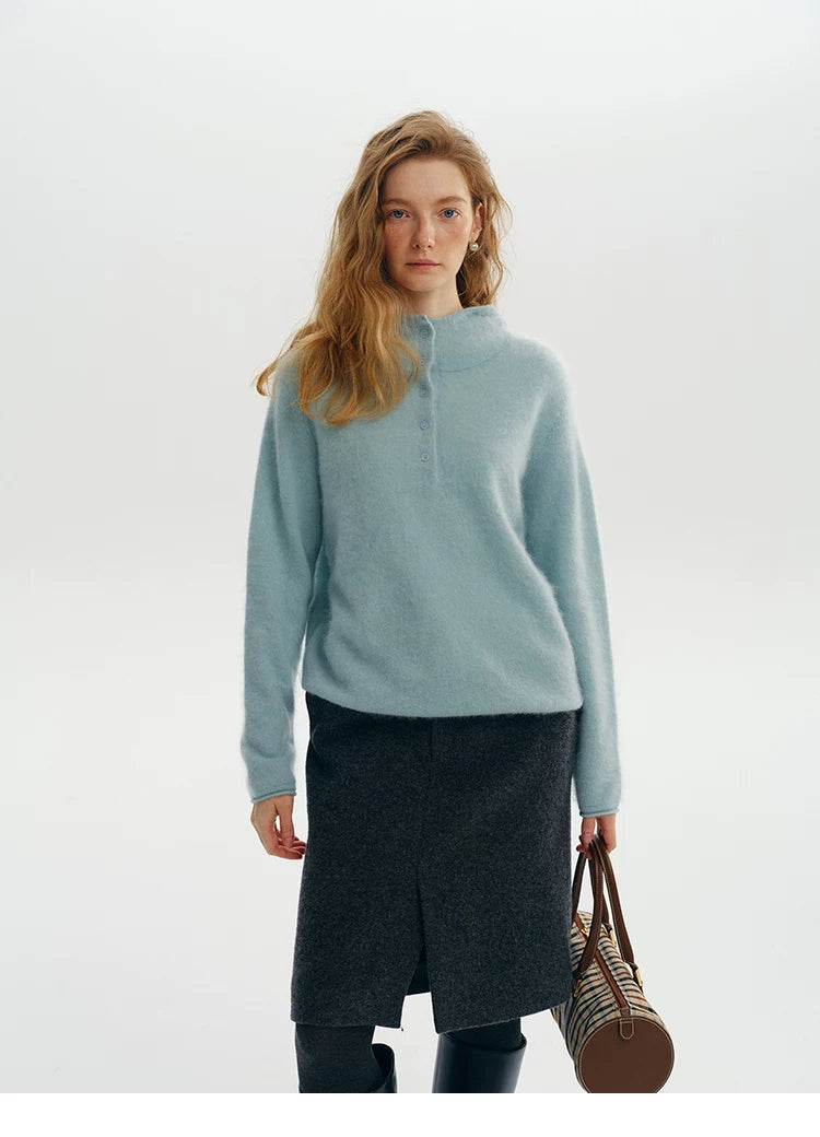 Dusty blue wool-cashmere hooded henley sweater, full body front view