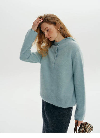 Close-up of dusty blue wool-cashmere hooded sweater hood detail