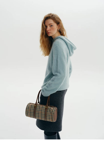 Dusty blue wool-cashmere hooded henley sweater, side view