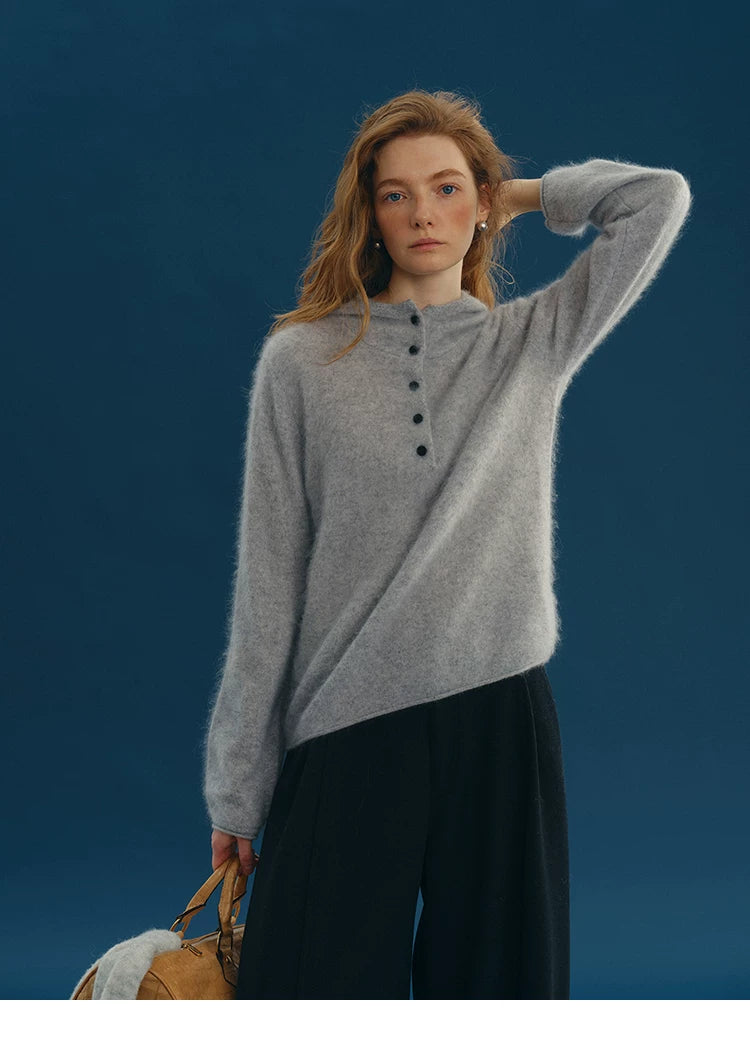 Heather grey wool-cashmere hooded henley sweater, front view