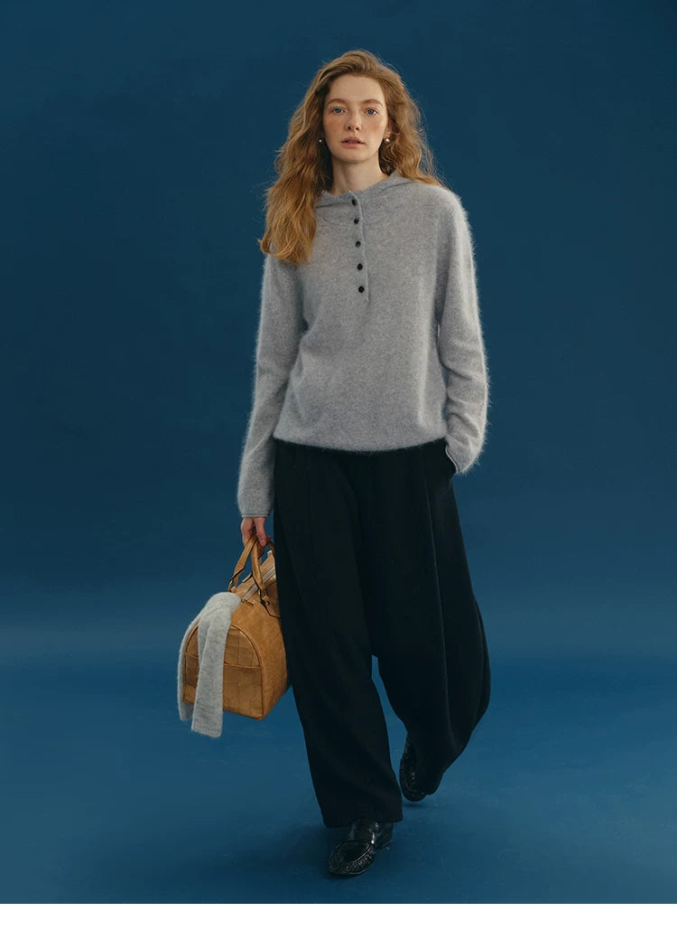 Heather grey wool-cashmere hooded henley sweater, full body front view