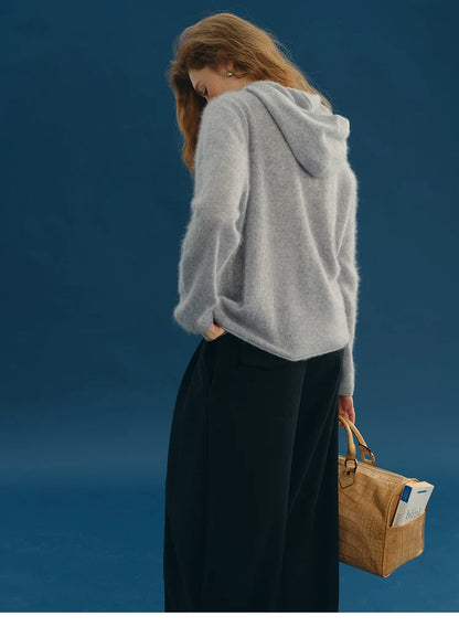 Heather grey wool-cashmere hooded henley sweater, back view