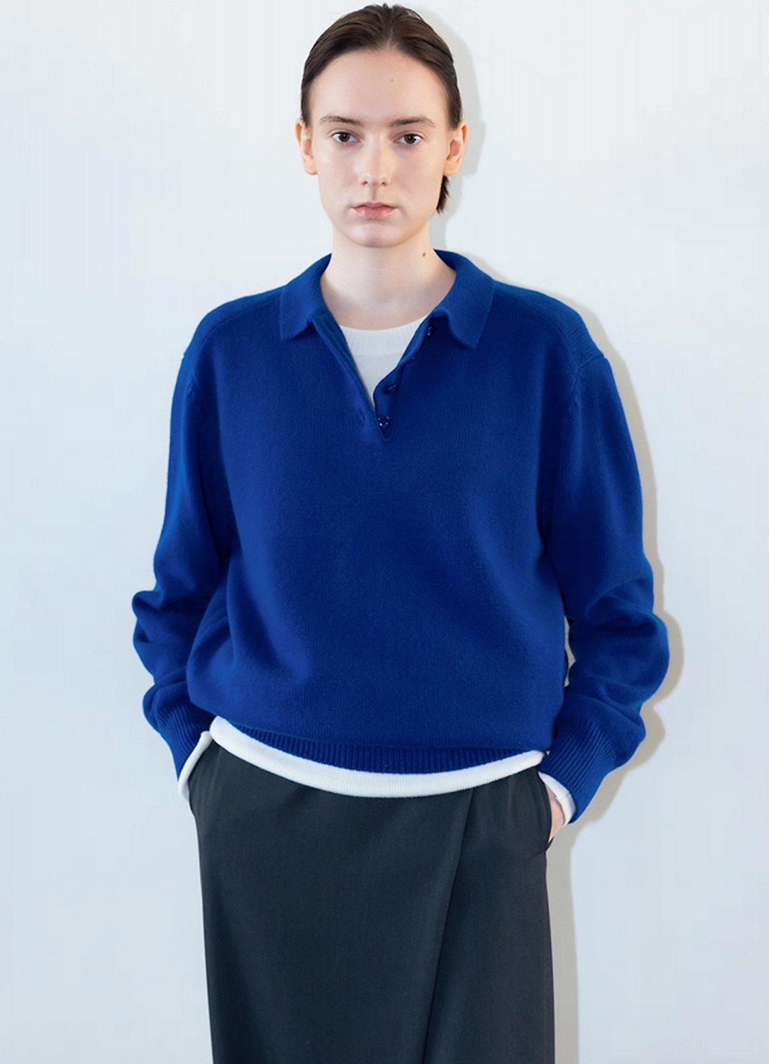 Dark blue wool cashmere polo sweater front view, premium knit