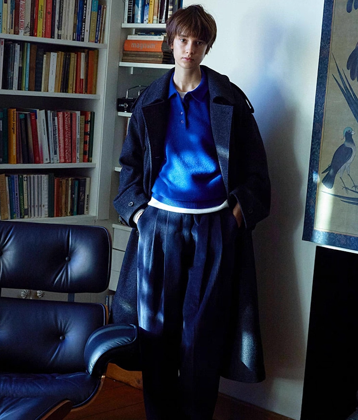 Dark blue wool cashmere polo sweater styled with coat