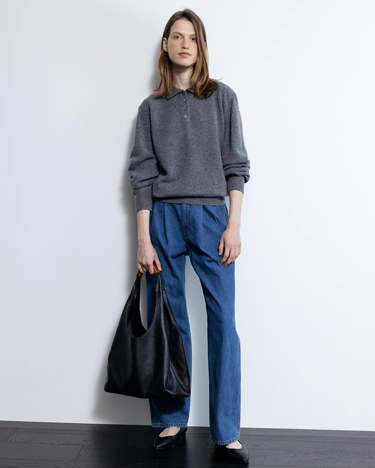 Dark gray wool cashmere polo sweater styled with jeans