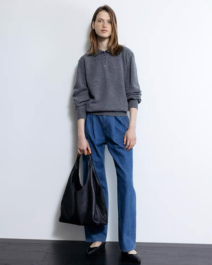 Dark gray wool cashmere polo sweater styled with jeans
