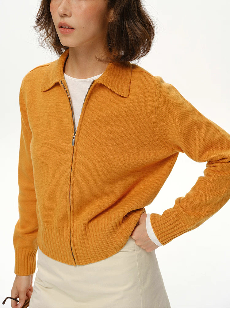 Close-up of mustard wool zip-up collared sweater showing dense knit, zipper and ribbed hem