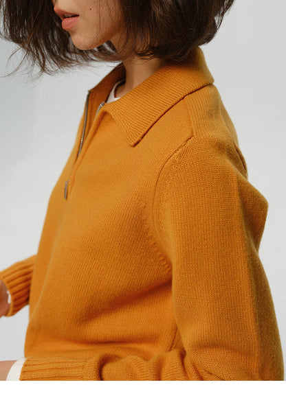 Detail of mustard wool zip jacket shoulder and collar highlighting tight knit texture