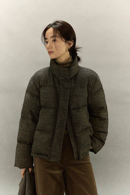 Wool-blend down jacket shown from front as model looks to side.