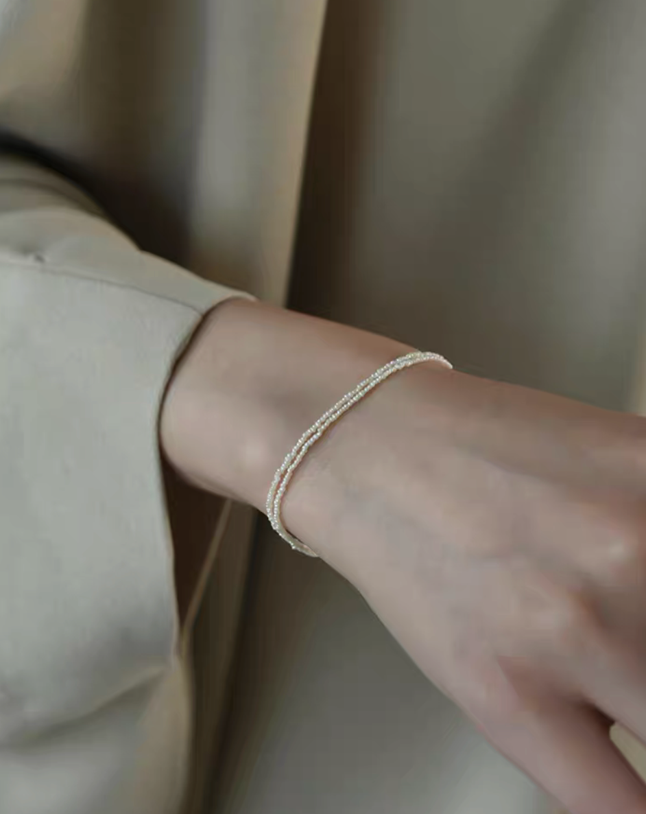 Wrapped Micro Pearl Bracelet with Hand-Formed Silver Clasp natural color double wrap styling on wrist