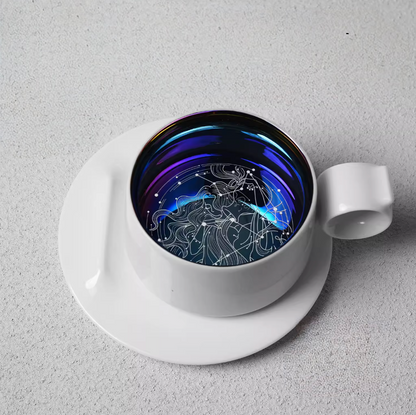 Aquarius zodiac ring handle coffee mug with saucer, top view showing constellation line art inside iridescent metallic interior
