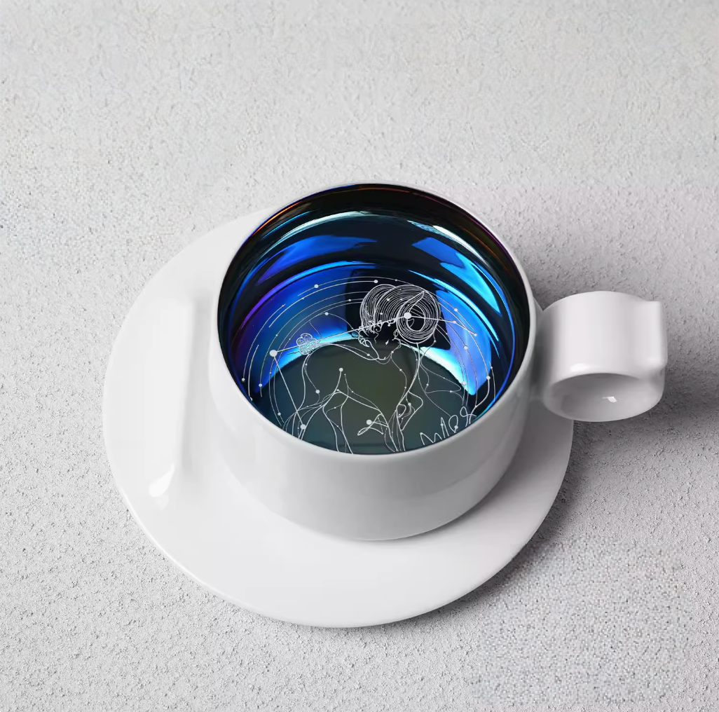 Aries zodiac ring handle coffee mug with saucer, top view showing ram constellation line art inside iridescent glaze