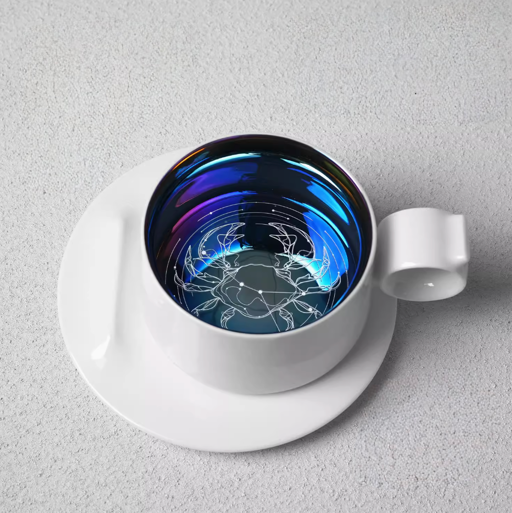 Cancer zodiac ring handle coffee mug with saucer, top view displaying crab constellation engraving in iridescent finish