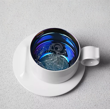 Capricorn zodiac ring handle coffee mug with saucer, top view featuring goat constellation line art inside iridescent glaze
