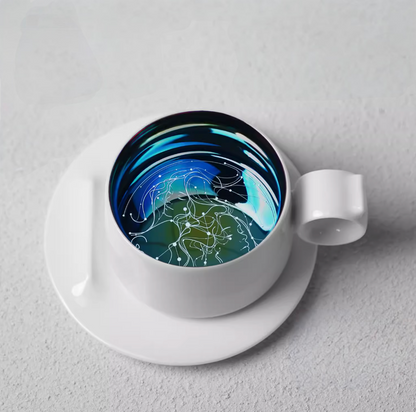 Gemini zodiac ring handle coffee mug with saucer, top view showing twin constellation artwork inside reflective interior