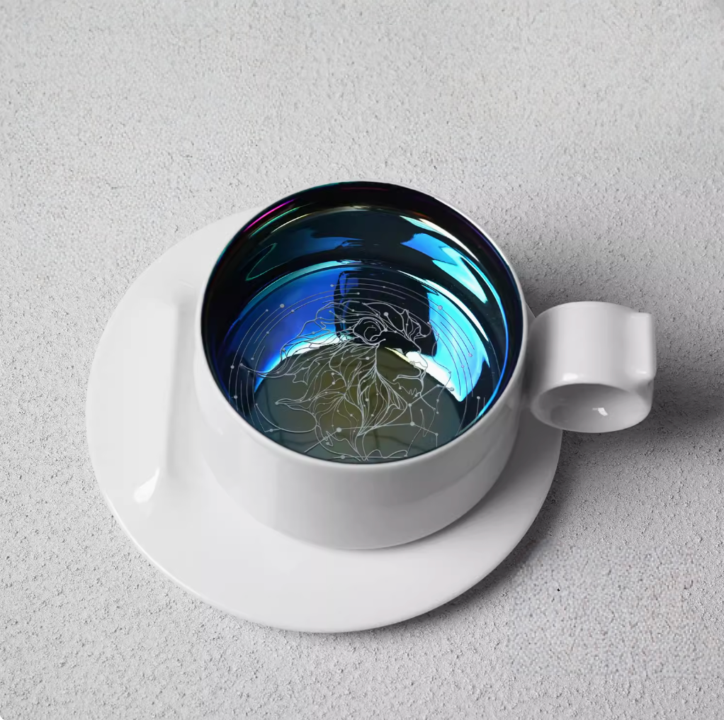 Leo zodiac ring handle coffee mug with saucer, top view showing lion constellation design inside glossy metallic interior