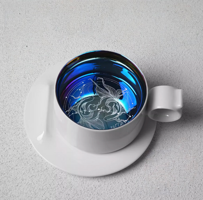 Pisces zodiac ring handle coffee mug with saucer, top view showing twin fish constellation engraving inside shimmering interior