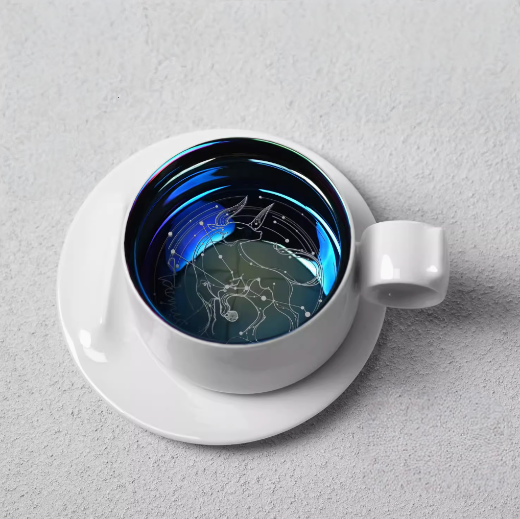 Taurus zodiac ring handle coffee mug with saucer, top view featuring bull constellation engraving in metallic interior