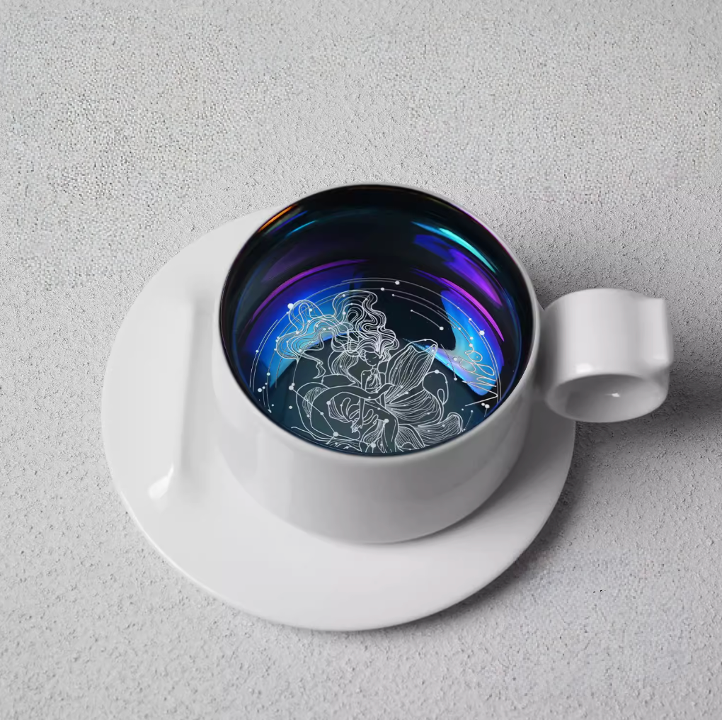 Virgo zodiac ring handle coffee mug with saucer, top view featuring maiden constellation line art inside shimmering glaze