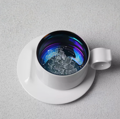 Virgo zodiac ring handle coffee mug with saucer, top view featuring maiden constellation line art inside shimmering glaze